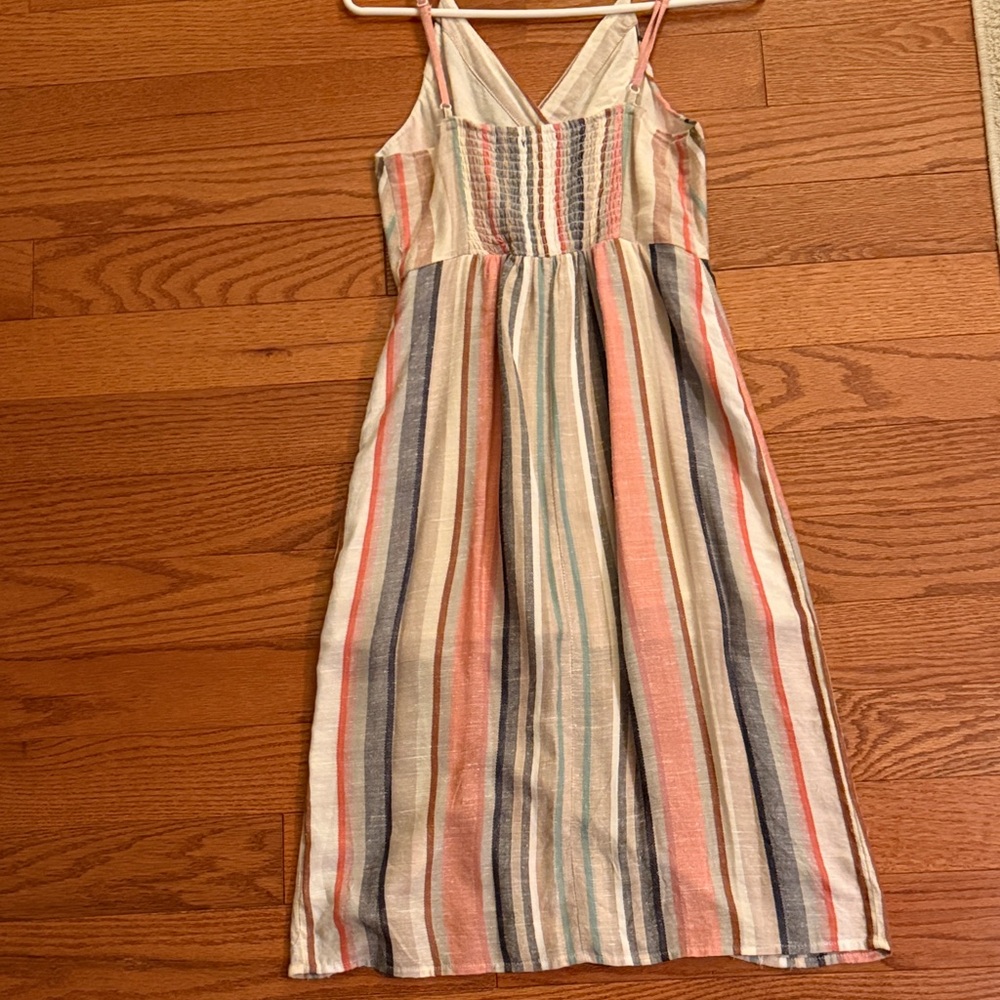 Express XS Linen Blend Striped Midi Dress in Blue, Coral, Cream and Tan - Picture 9 of 10